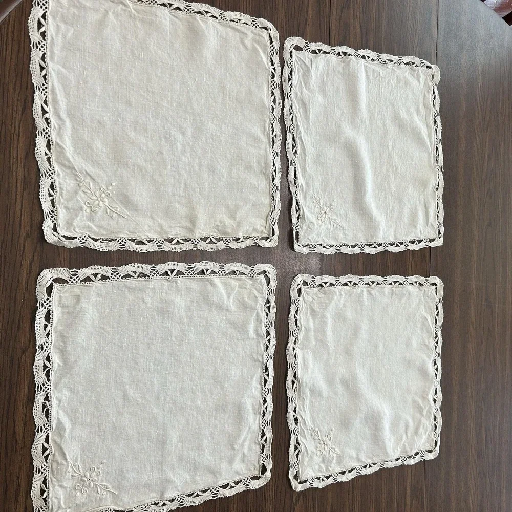Vintage White Cloth Napkins Embroidered Linen Crochet Lace Border Set Of 4 Doily
